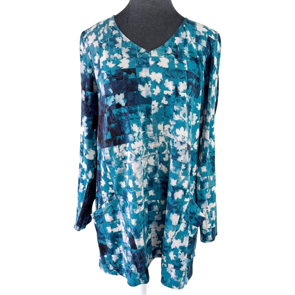 Pure Jill Boho Lagenlook Blue Teal Abstract Mosaic Print V-Neck Pockets Tunic L